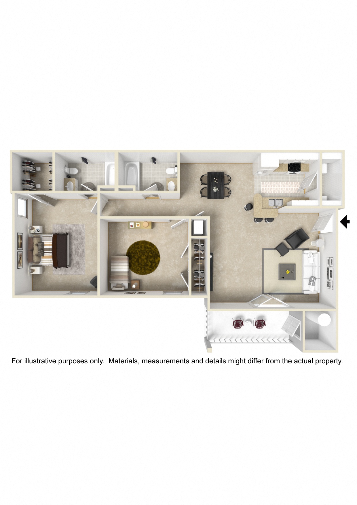 Floor plan for 2 beds, 2 baths, 1107 sqft
